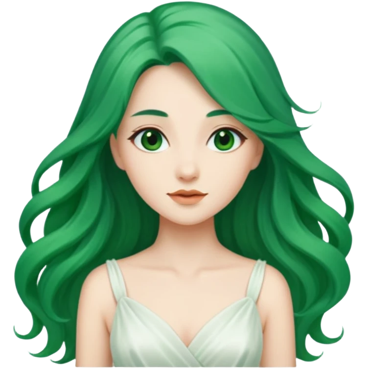 Woman with Long Emerald Hair – flowing green hair, elegant look, white dress emoji