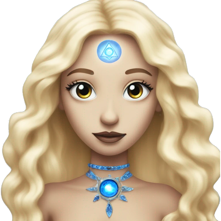 magical diva with thin pink andromedan face long blonde hair and blue eyes glowing third eye emoji