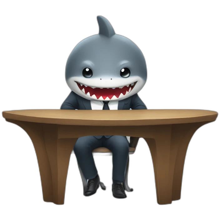 A shark sitting at a table wearing a suit looking straight ahead emoji