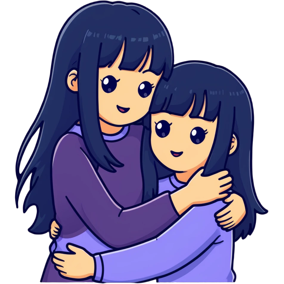 two white girls with long black hair hugging each other, one with bangs emoji