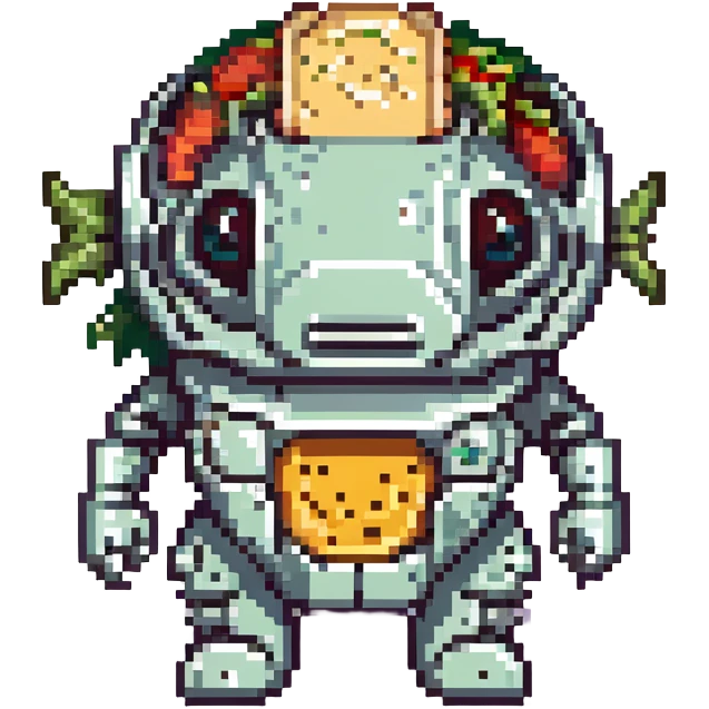 a cyborg robotic salmon who's body is made from a filled crunchy taco, with lettuce salsa meat and cheese. he is fish taco bot man his face and head, tail, and fins are metallic robotic construction, he has a slit visor across his face where his eyes should be like cyclops emoji