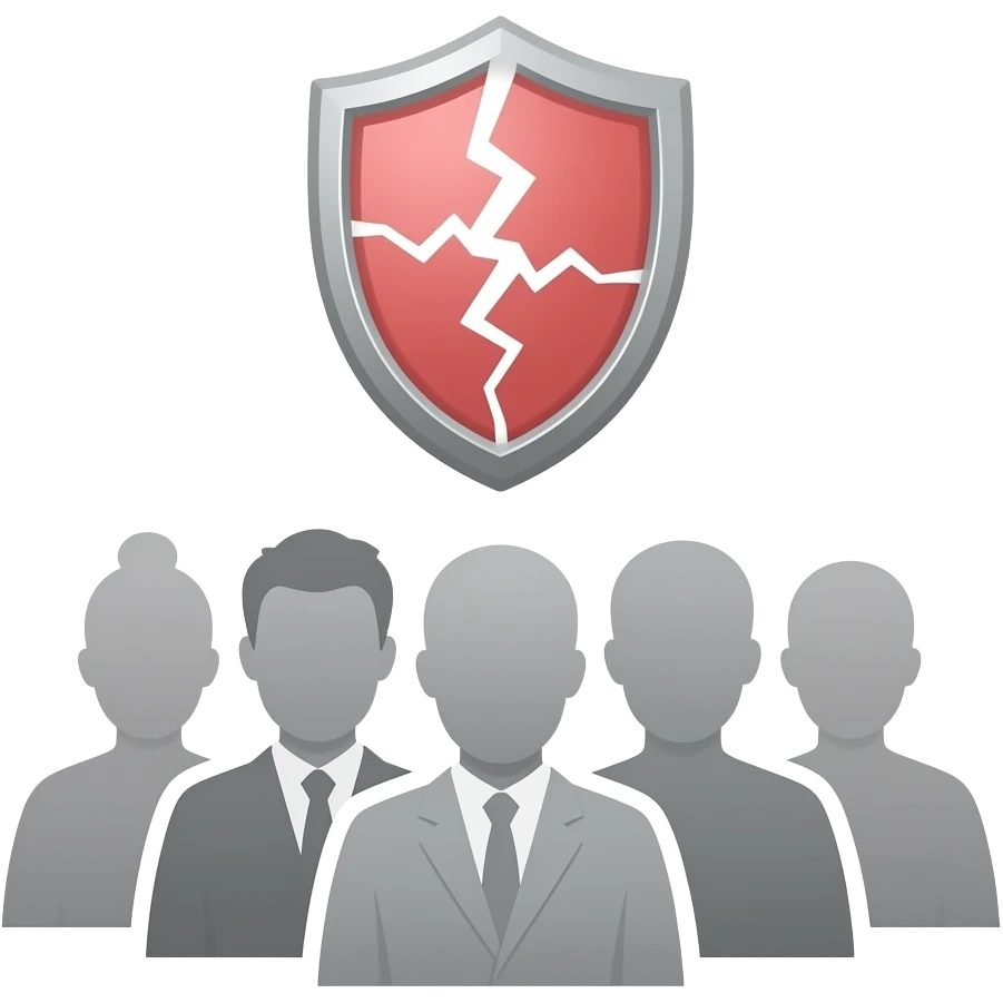 Minimalist flat design icon of a group of people with a broken trust symbol (cracked shield or cross mark), representing citizens losing confidence, clean vector style, soft gradient (gray and muted red), no text, transparent background emoji