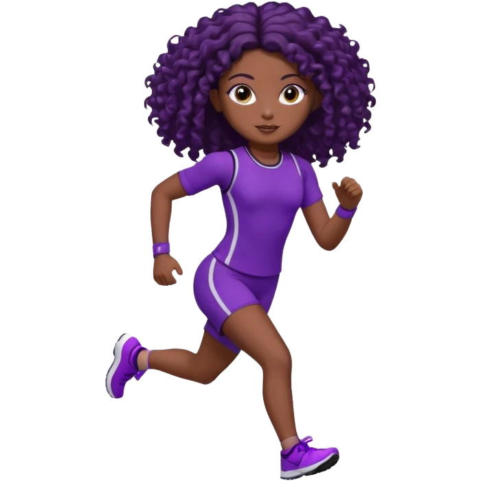 Uma boneca morena escura com olhos castanhos e cabelo cacheado longo até o peito, treinando correndo a roupa roxa com detalhes preto emoji
