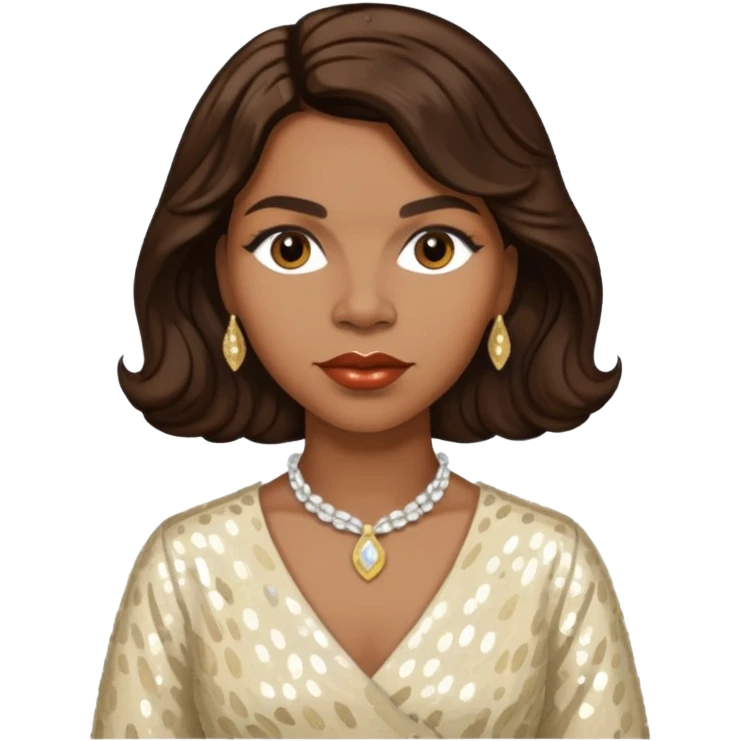 Marian Anderson with dark brown wavy hair, ivory sequin outfit emoji