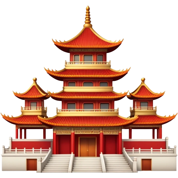 Traditional Chinese architecture with pagoda roofs, red columns, ornate details emoji