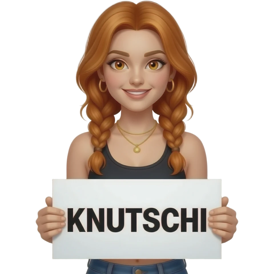 sexy girl with long ginger braids and ginger eyes wearing a black tanktop is holding a white sign with KNUTSCHI written on it emoji