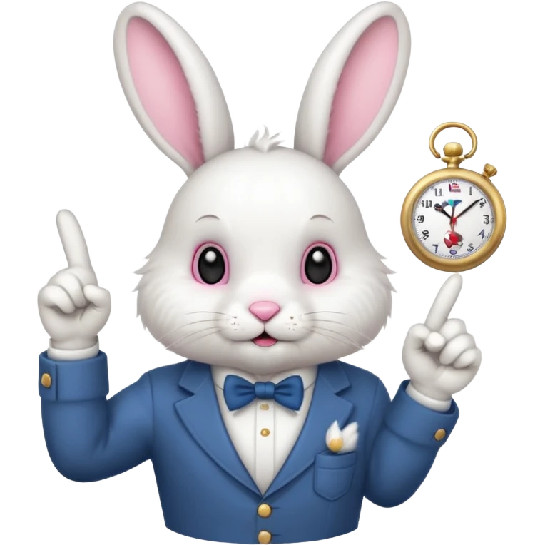 white bunny with a clock on his hand signaling the clock with his finger emoji