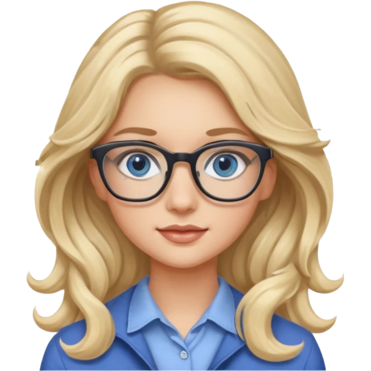 Fille 20ans qui a des cheveux long et blond et wavy avec des lunettes et des yeux bleu- gris avec du mascara sur les yeux emoji