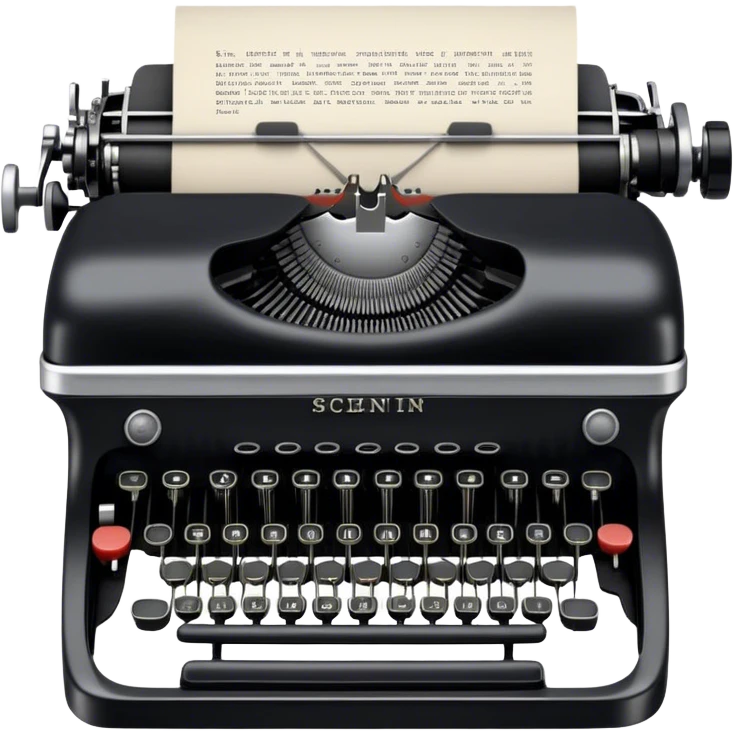 Create an emoji representing screenwriting. The design should feature an open script with visible dialogue and action lines, symbolizing the writing of a screenplay. Include a classic typewriter or a modern writing device, such as a laptop, to signify the process of creating a script. Add a vintage film camera next to the script to emphasize the cinematic aspect of screenwriting. Use a professional color palette with black, white, and subtle metallic tones. Do not include any emojis or smiley faces. Make the background transparent. emoji