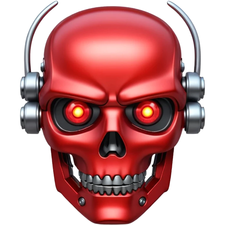 terminator robot head, metallic, red glowing eyes emoji