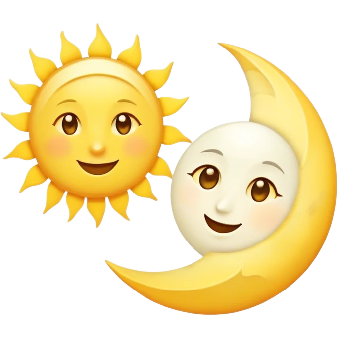 a really bright  big sun and a small moon who shines because of it. the sun is bigger and the tiny \moon bright too beside it smiling looking at each other emoji