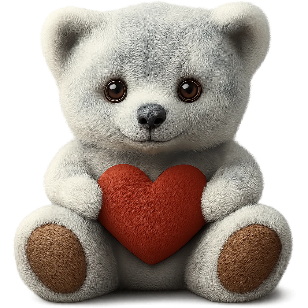 Make the teddy bear's fur a mix of realistic blue and white with soft lighting. Remove the background to make it transparent. The style should be realistic and natural looking. emoji