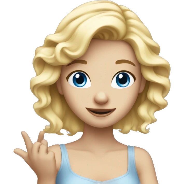 Blond girl with blue eyes hand infront and dance emoji