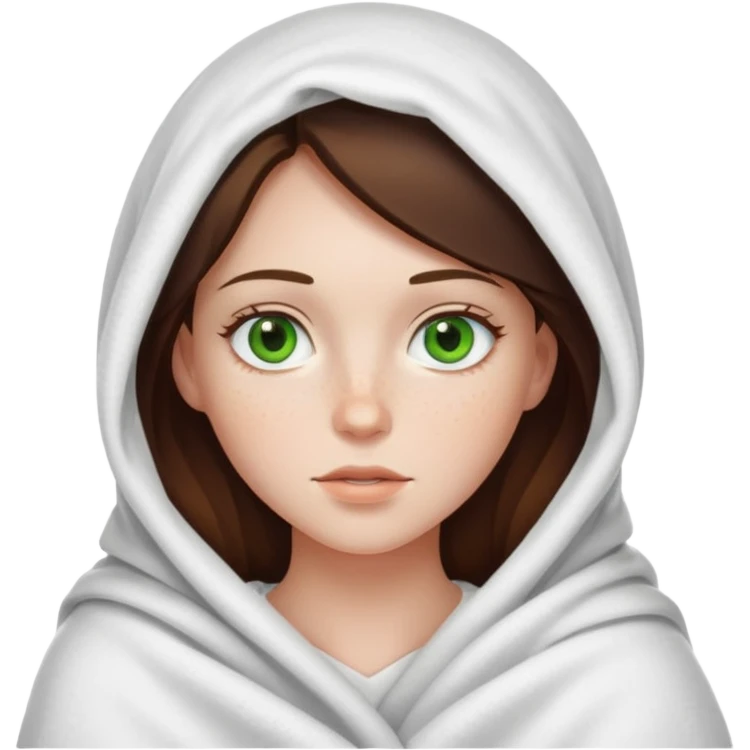 a white brunette girl with green eyes and freckles covered up in a blanket emoji