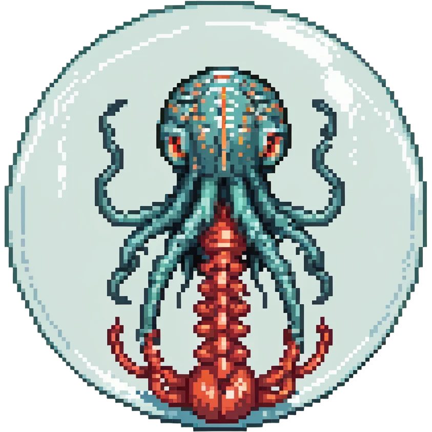 MRI parasitic embryo, digital, fetal small shape in otherworldly bubble, eerie, horror, pupa, crystalis, in-utero, sea-life, crustaceanoid, photorealismm siphonophore, polyp visible organs, Cnidaria emoji