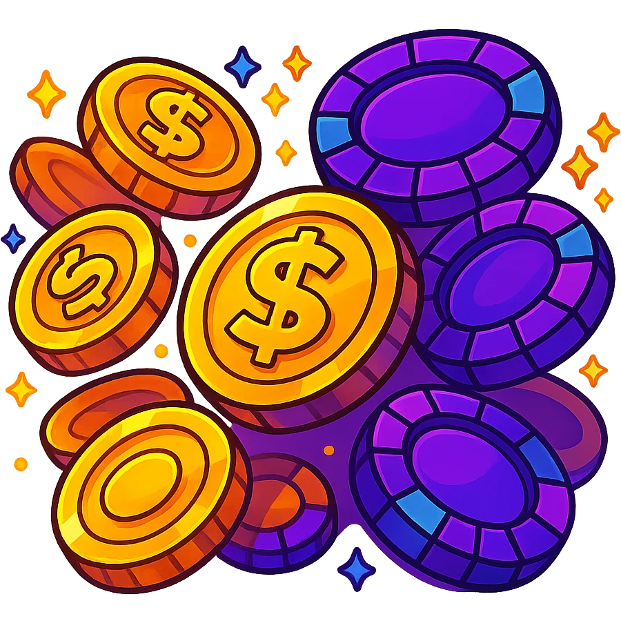 Add an animated effect such as coins spinning or sparkling to the golden coins and casino chips emoji, keeping the Twitch style. Maintain transparent background. emoji