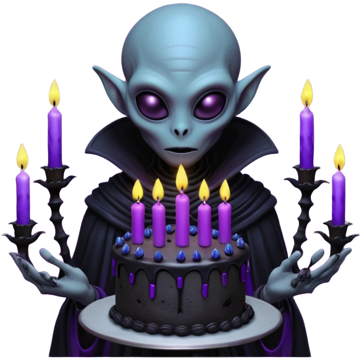 A tall mysterious alien holding a gothic black birthday cake with glowing purple candles, dark foggy alien planet, bioluminescent plants, dramatic shadows, dark fantasy sci-fi art, hyper detailed, moody lighting

 emoji