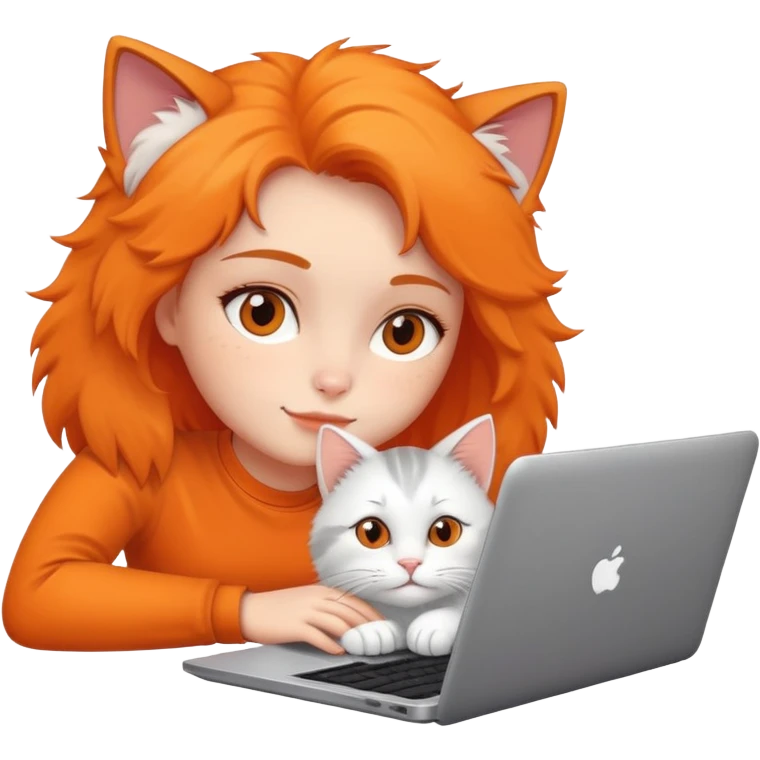 A girl is working on a laptop with a cat lying next to it emoji