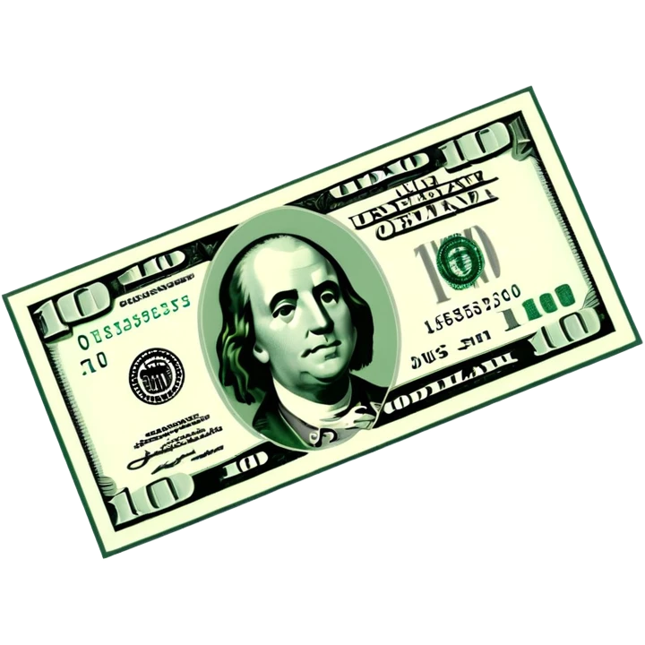3D realistic US 100 dollar bill sticker, slight perspective, centered, clean cutout, transparent background, no text, no watermark emoji