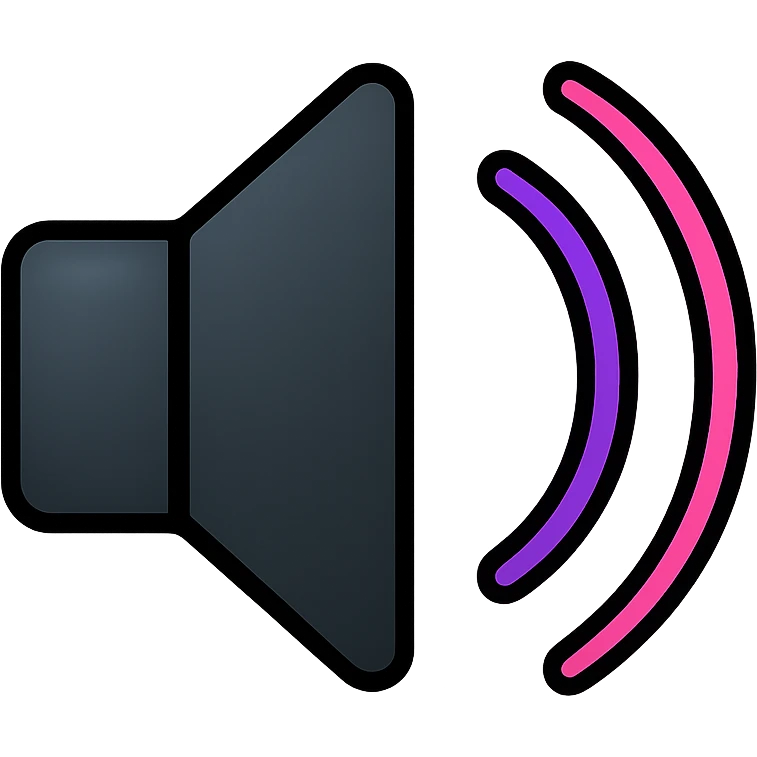 speaker with sound waves, elegant dark metal with subtle glow, waves in purple to pink gradient with neon effect emoji