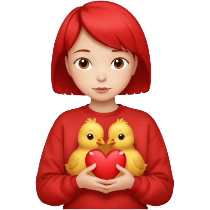 una niña con el pelo corto, con la sudadera de forma de pollito sujetando un corazón emoji