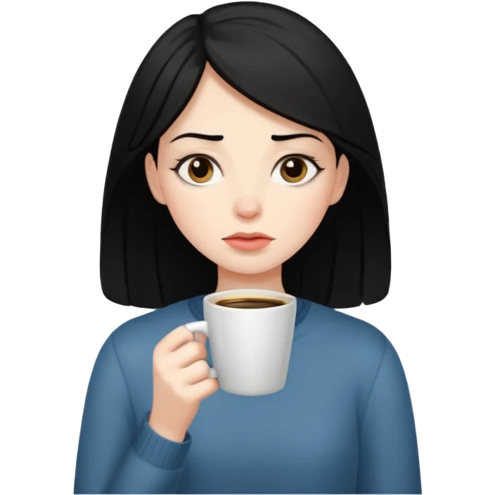 컴퓨터로 작업하면서 커피를 많이 마시고 있는 피곤해보이는 검은머리 여자 emoji