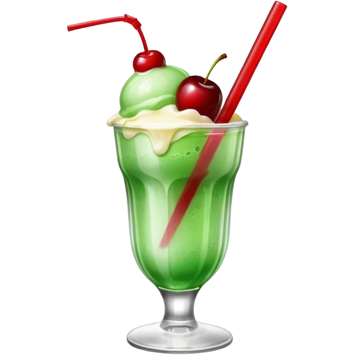 Create an emoji with a clear rounded glass, bright transparent green soda with fine bubbles, a smooth vanilla scoop, a glossy red cherry, and a black straw, using vibrant colors, soft shading, and clear glass highlights.
 emoji