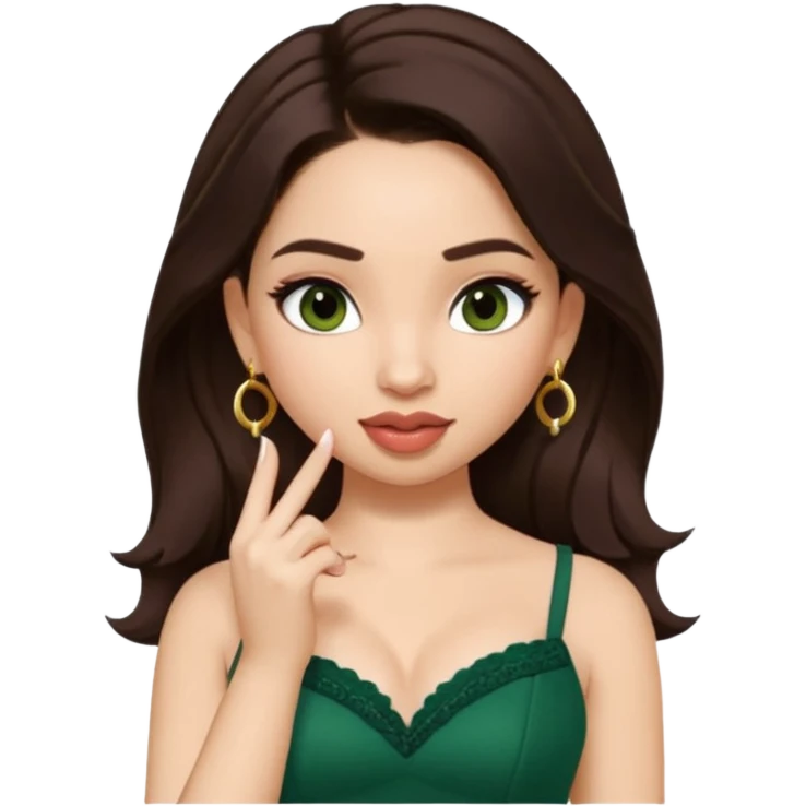 pretty bratz genmoji that looks like tamannah bhatia (bollywood actress), wearing a dark green sweetheart neckline top, dark brown hair, light makeup, no necklace, dangly earrings, side hair part, fair. dark brown eyes


Show her licking her finger  emoji