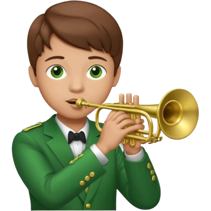 young boy with brown hair, green eyes who plays a trumpet emoji