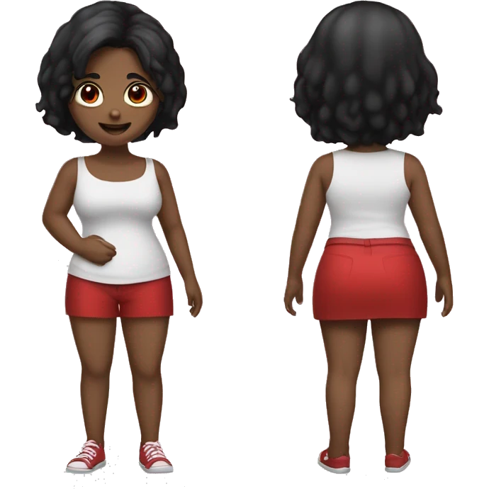 a girl with black hair red eyes big belly and wide back with takis in hand emoji