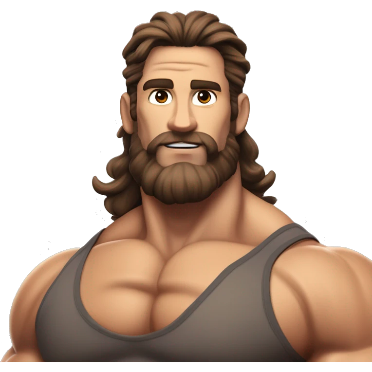 muscled hairy bodybuilder brown hair beard,enormous pecs and enormous biceps, long wavy hair in a man bun, with dark brown eyes, and tanned skin, full body from head to toes picture, flexin both biceps, hairy body, wearing, bodybuilding posing swimsuit emoji
