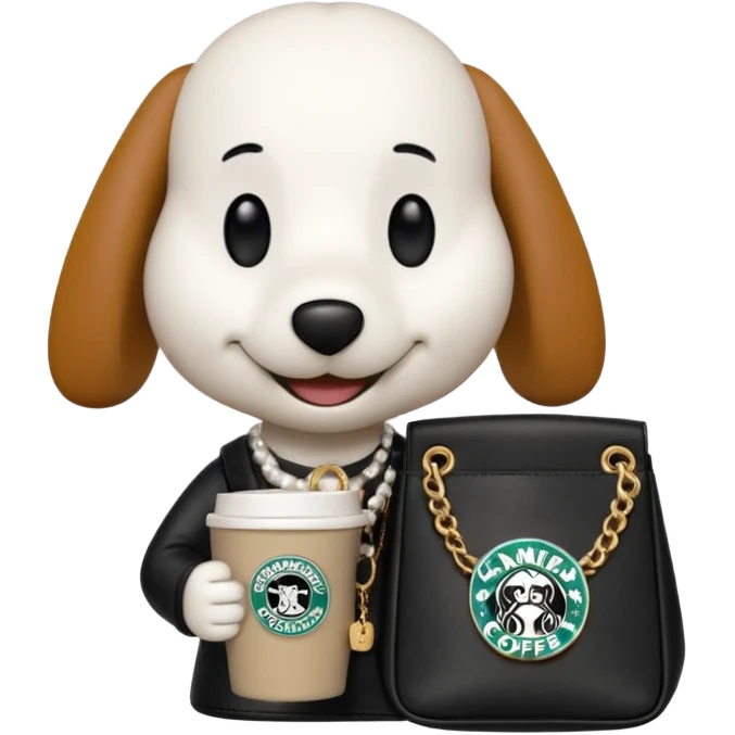 snoopy in a desk with starbucks and his chanel purse emoji