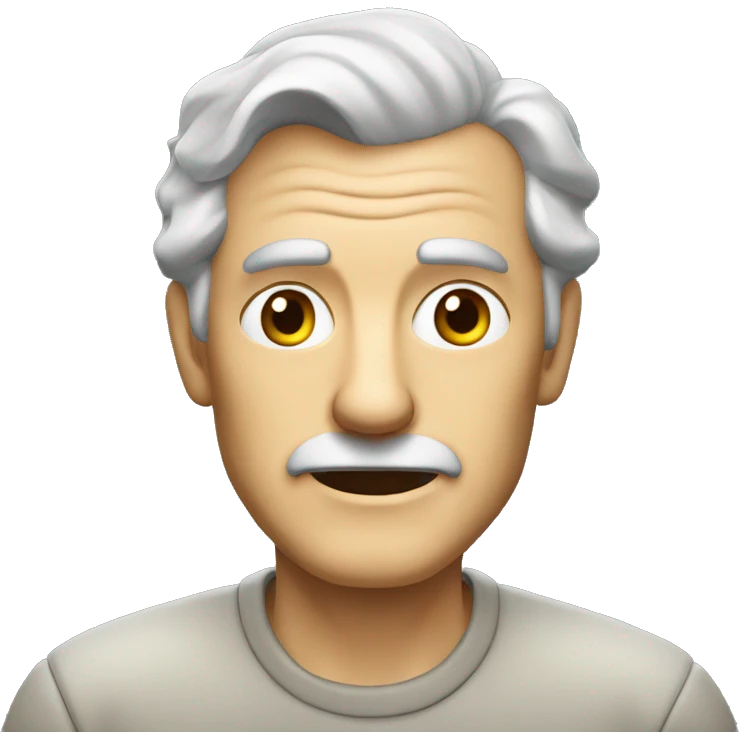 a bold white old man with grey hair with an olive oil shirt, turend from the side, looking in the camera emoji