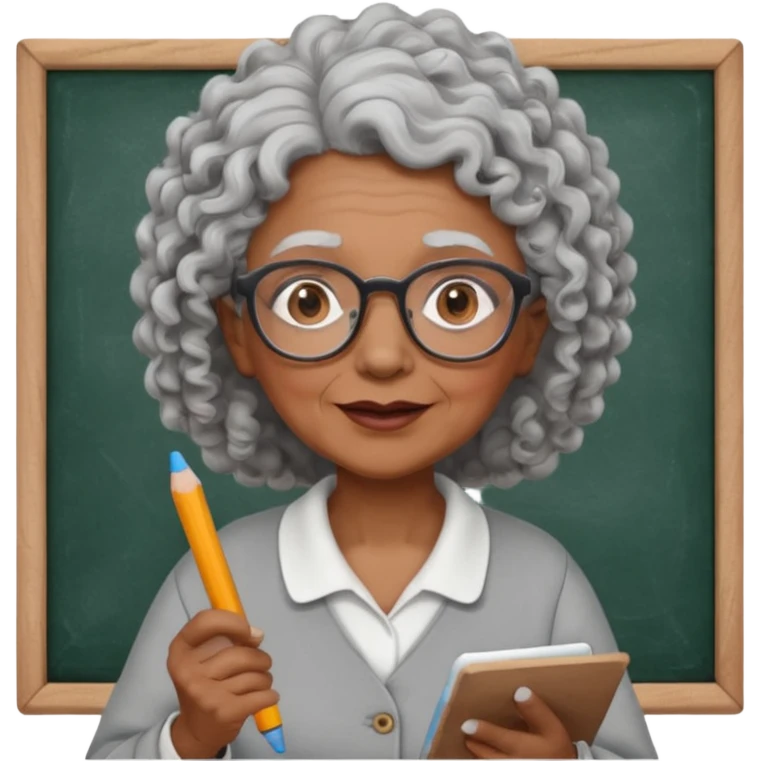 old woman teacher, brown skin, curly grey white hai, wearing glasses, hold chalk on hand emoji
