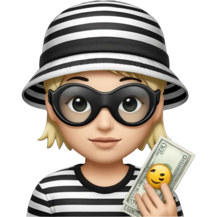 Realistic ios emoji-style portrait of a classic burglar, a black eye mask and a black-and-white striped shirt. Highly detailed, natural skin texture, realistic shadows, smooth gradients, glossy reflections in the eyes. emoji-like hair, black hat, an ios emoji bag of money in a right corner  emoji