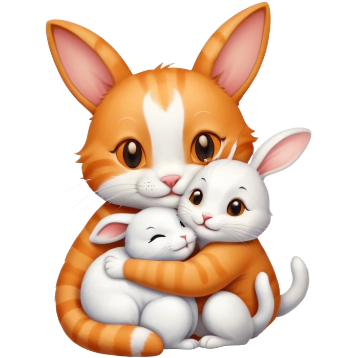 Smiling cat hugging a rabbit friend emoji