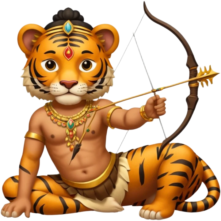 Ayyappa sitting on tiger with bow and arrow and wearing a gold and king dress emoji