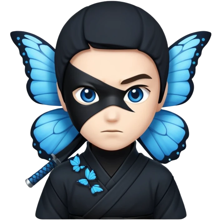 Crea un emoji para usar en WhatsApp con estos dos emoji 🥷🏻 🦋.
Ninja vestido de negro con la piel blanca y una mariposa azul posada en su hombro izquierdo como si la mar6 estuviera volando en su hombro. emoji