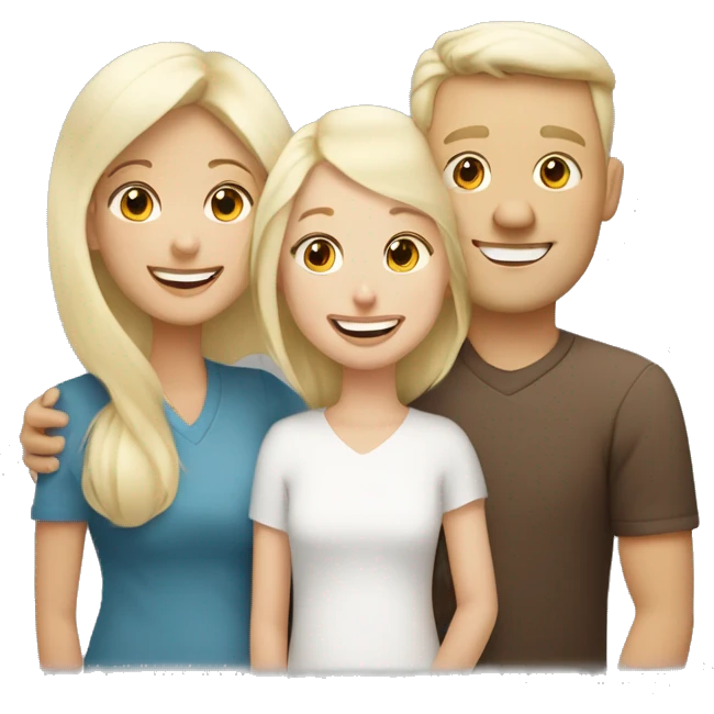 white blonde daughter with white brunette mom and white ginger dad all smiling and hugging emoji