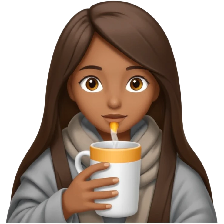 A girl with brown eyes, an ios emoji, long straight hair, wrapped in a gray blanket, and drinking from a New Year's mug emoji