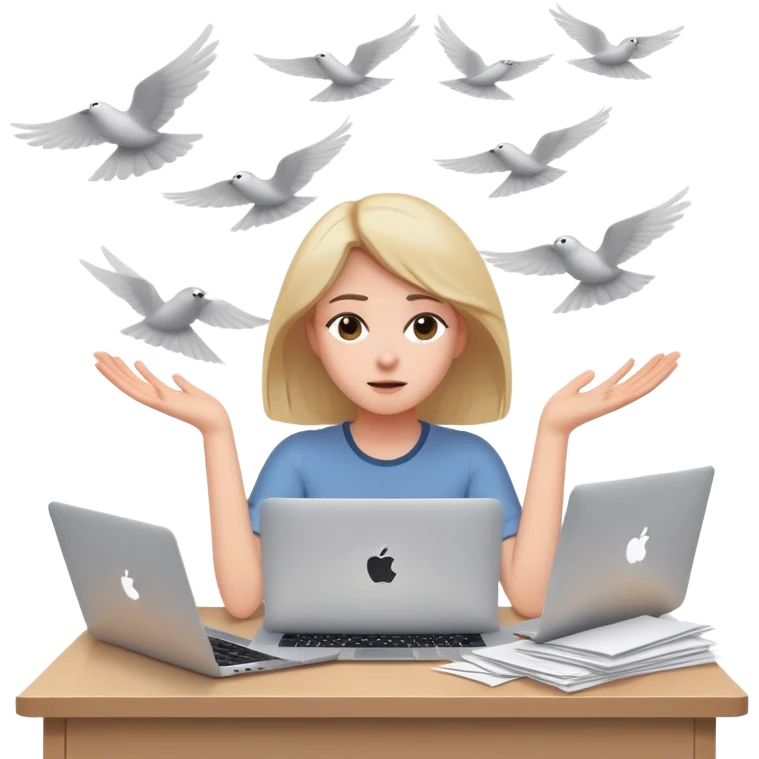 tired woman sitting at a desk with a MacBook, holding her arms out to the side, surrounded by flying papers emoji