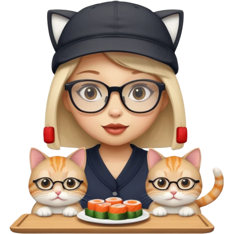 cute girl cat with really big square glasses with super thin frames eating sushi with a boy cat wearing a san antonio spurs cap emoji