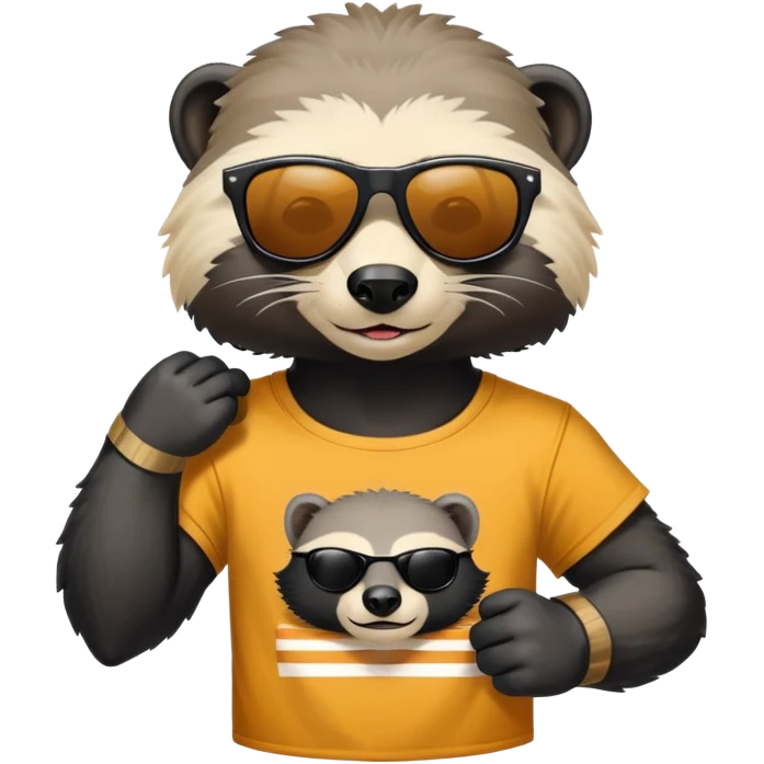 friendly anthropomorphised honey badger, close crop showing head, neck, and top of t-shirt with a graphic print, wearing sunglasses emoji