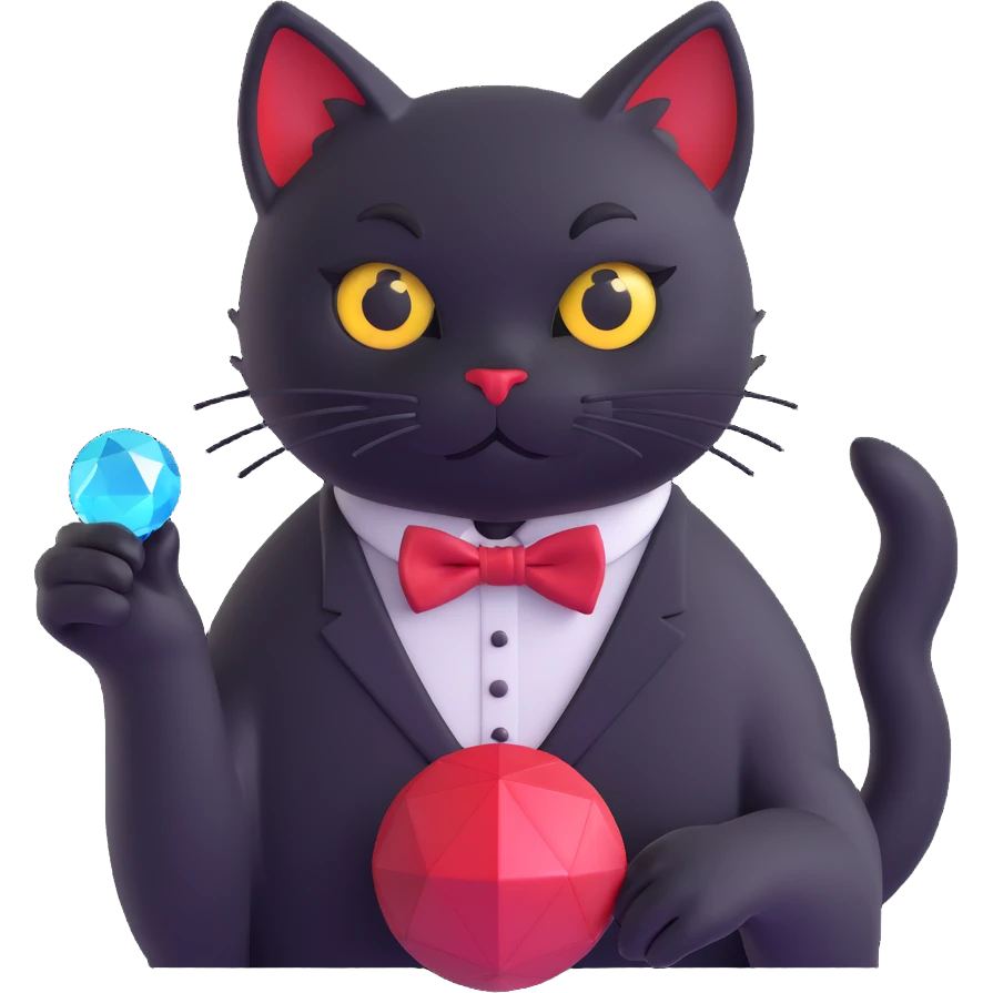 черный кот с бриллиантовым волшебным шаром и красной бабочкой, стиль 3 emoji
