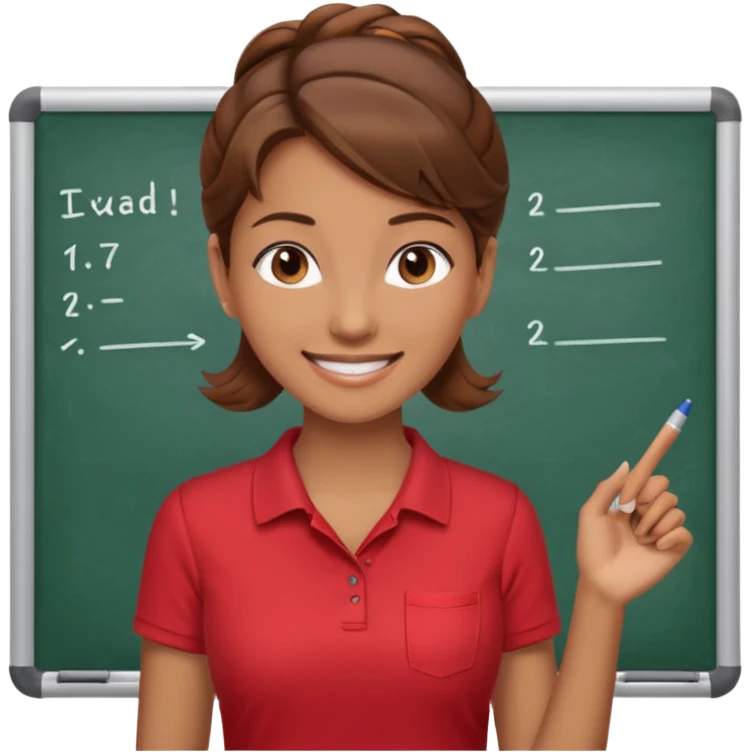 Happy instructor female brown hair whit board hair up red shirt emoji