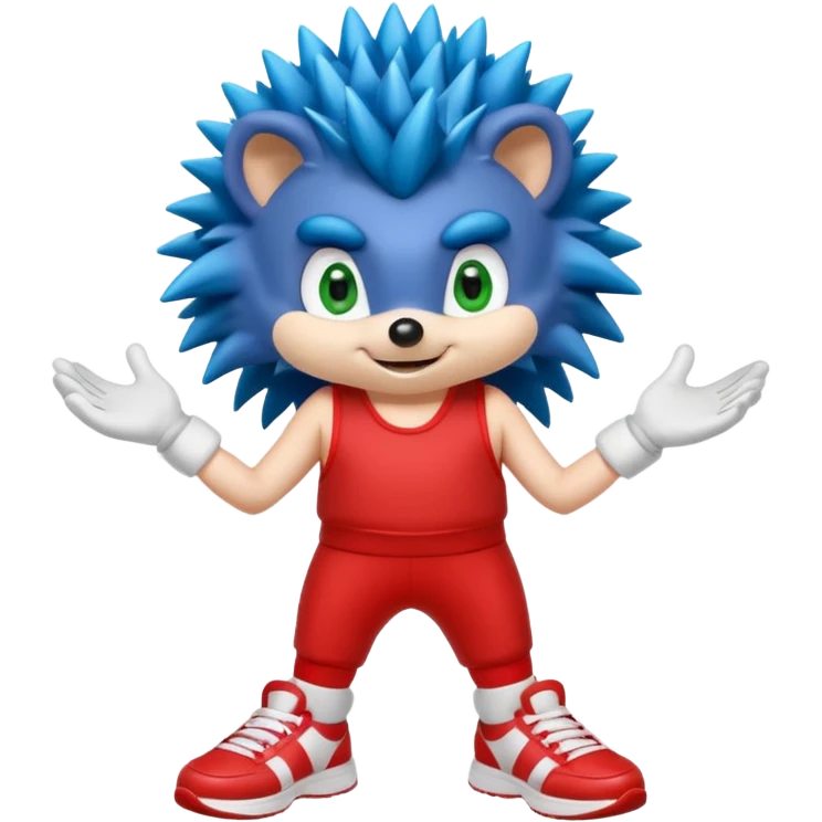 Blue anthropomorphic hedgehog, spiky hair, large green eyes, confident smile.Wearing red sneakers with white straps and white gloves. emoji