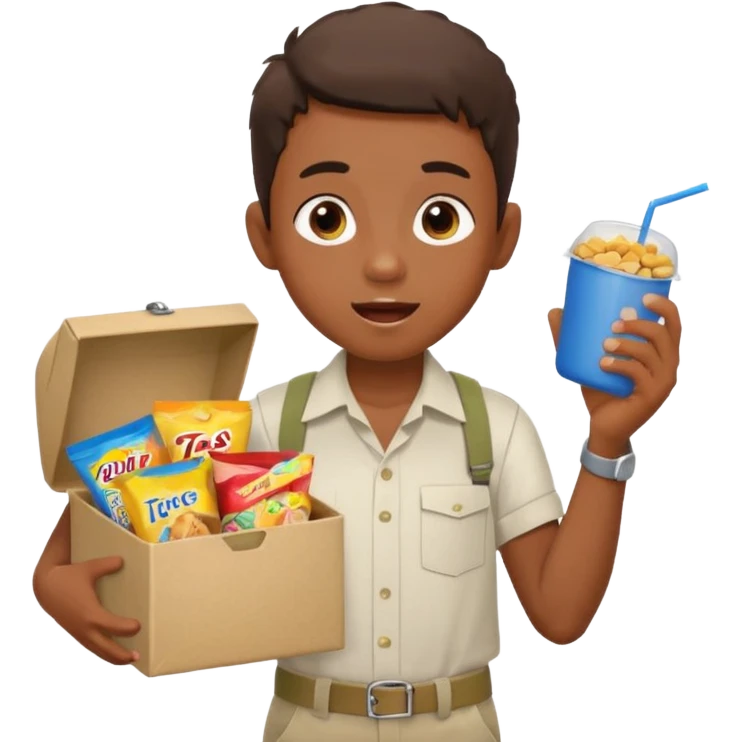 A young vendor boy with a snacks box strapped to his chest, calling out loudly. emoji