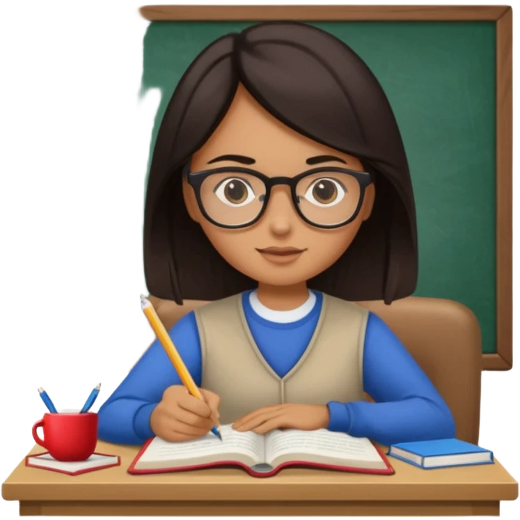 A student with dark hair is reading a book and taking notes in a notebook. There are also papers and textbooks on the table. emoji