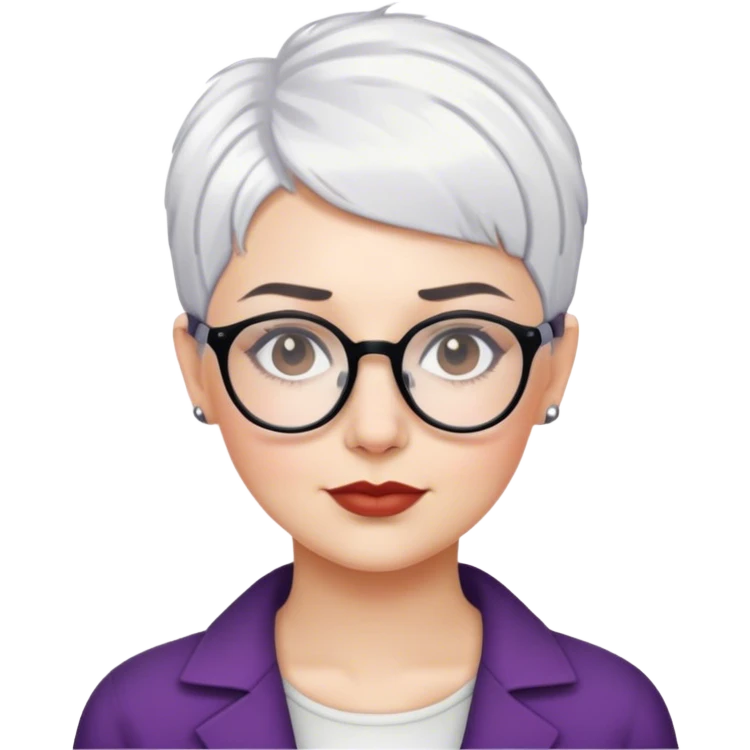 White woman with cropped short pixie white hair, dark brows, glasses emoji
