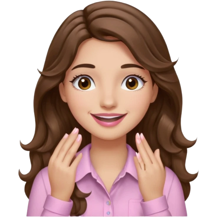 girl with wavy long brown hair, brown eyes, light to medium complexion, long lashes, light pink lipstick, wearing light pink shirt, smiling, hand covering eyes emoji